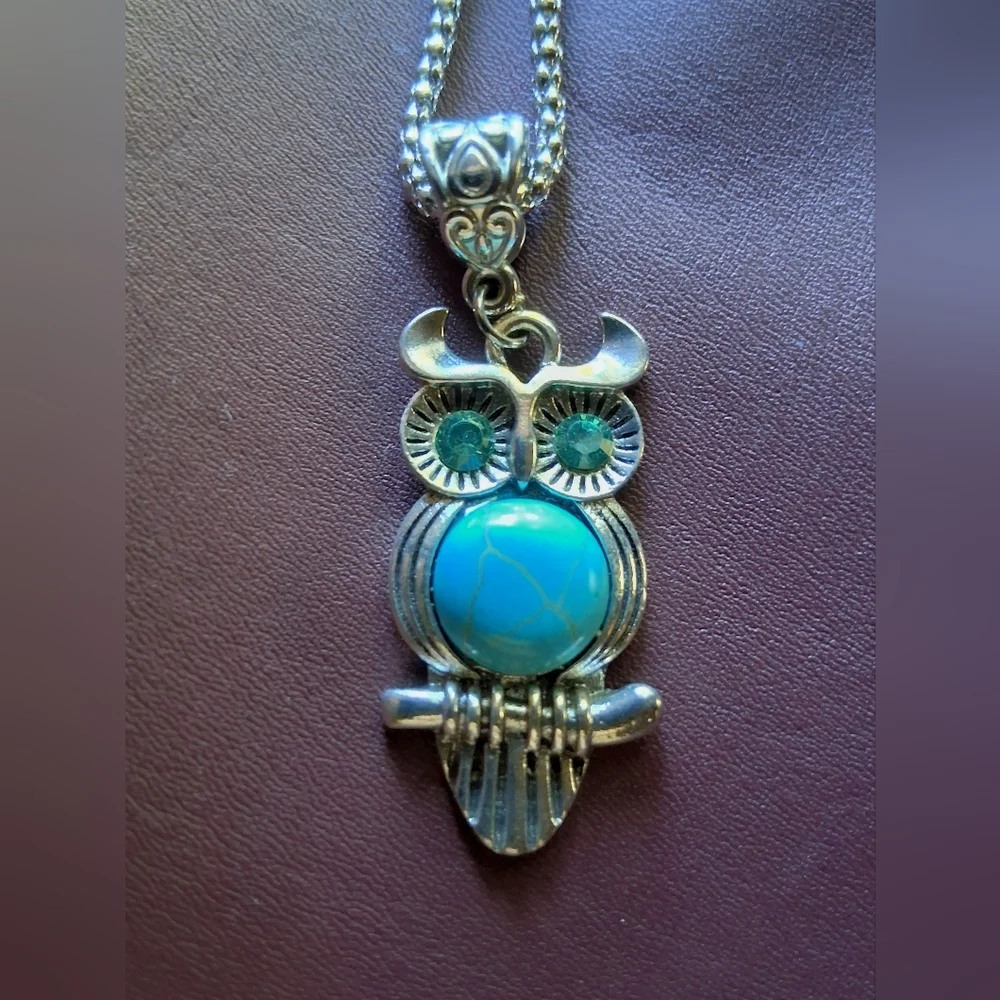 Silver Owl Pendant Necklace with Turquoise Accent - Picture 2 of 7